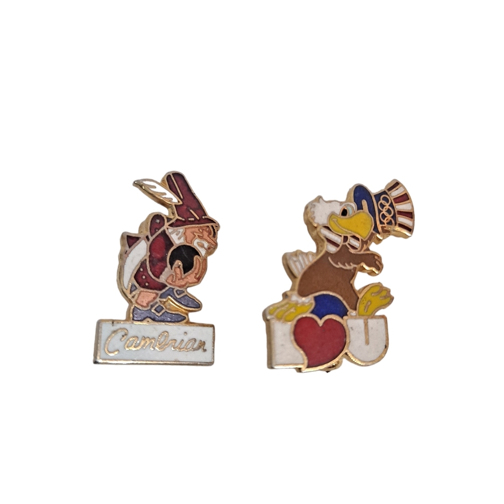 Vintage Enamel LA Olympic Mascot Pin & Elf Cambrian Bowl Mascot San Jose CA Pin